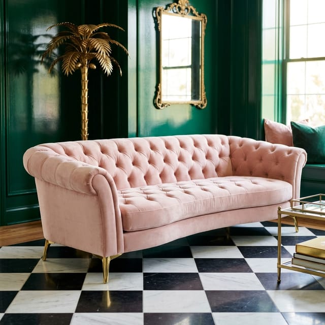 Blush Tufted Velvet Sofa